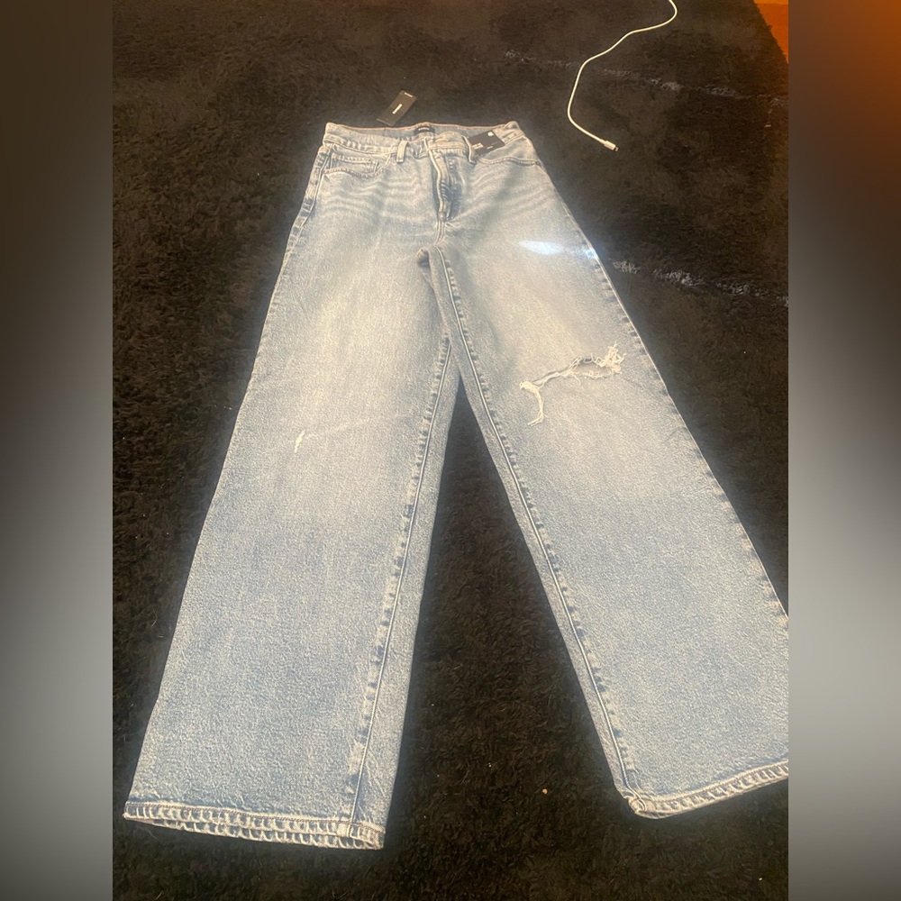 Express Light Blue Distressed Wide Leg Jeans